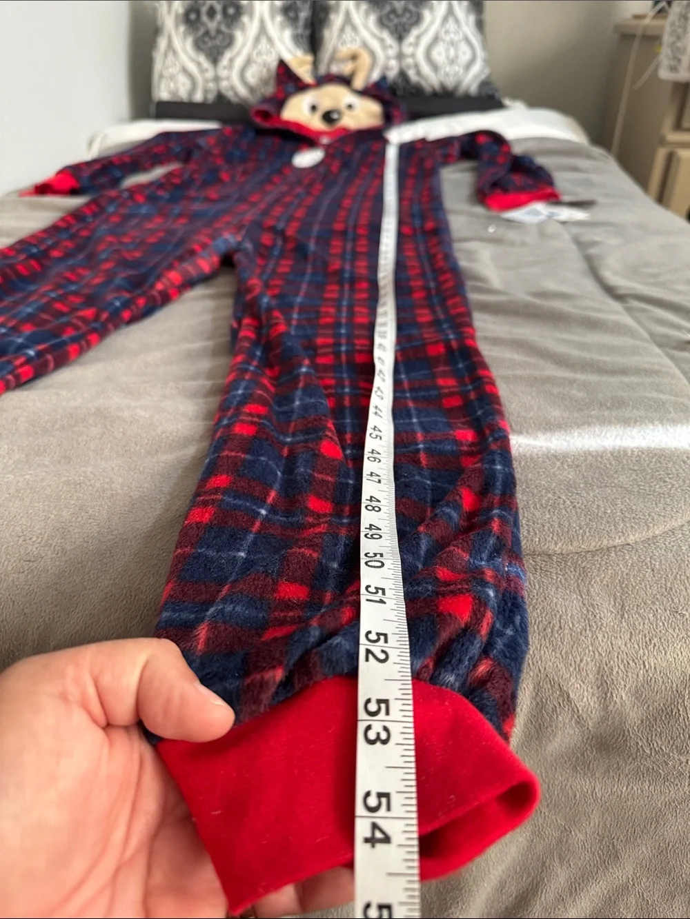 Kids Plush Red & Navy Plaid deer hooded-Footie Christmas Halloween PJ xl